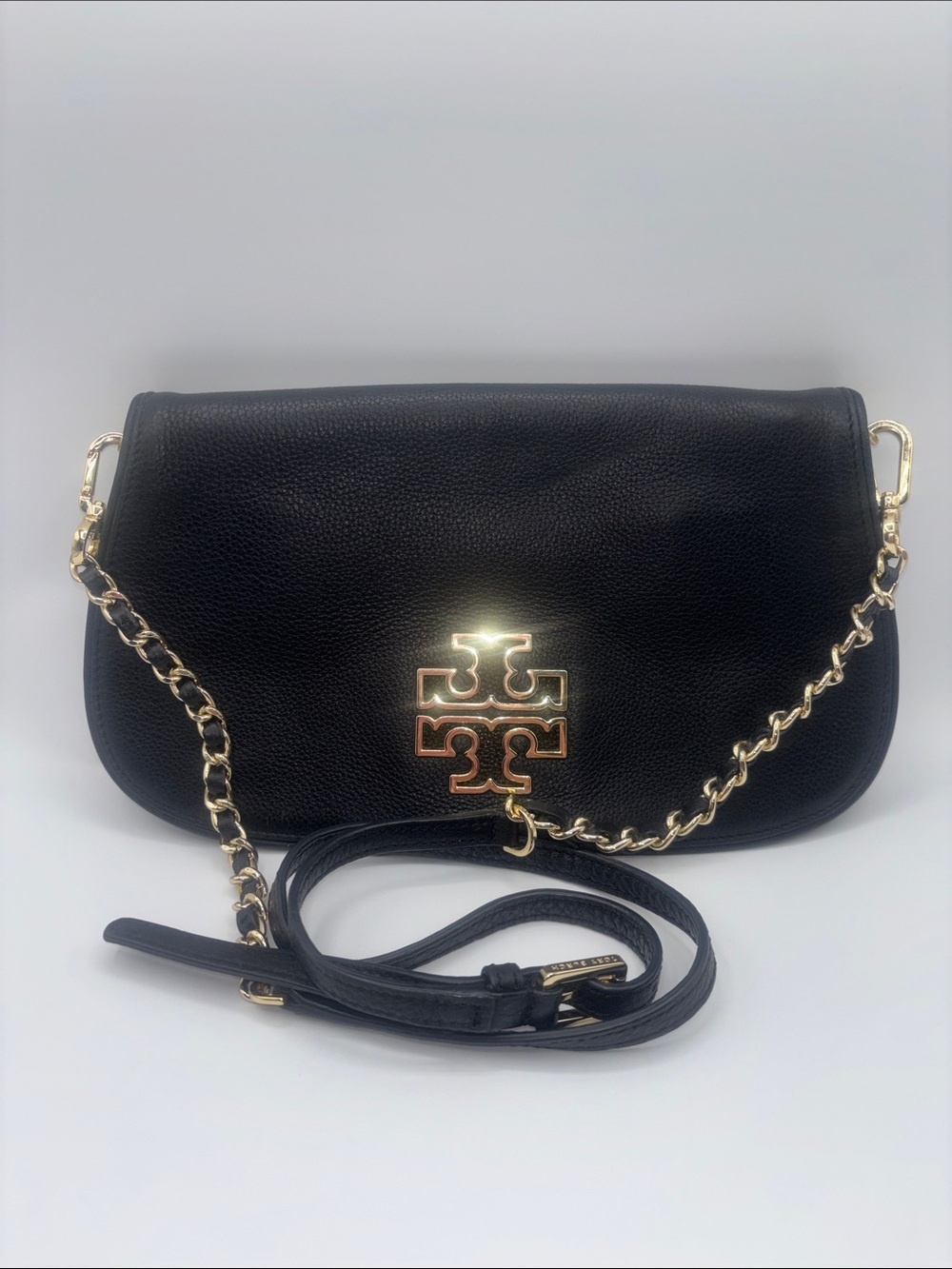 Tory Burch Black Pebble Leather Crossbody with Gold Logo Chain
